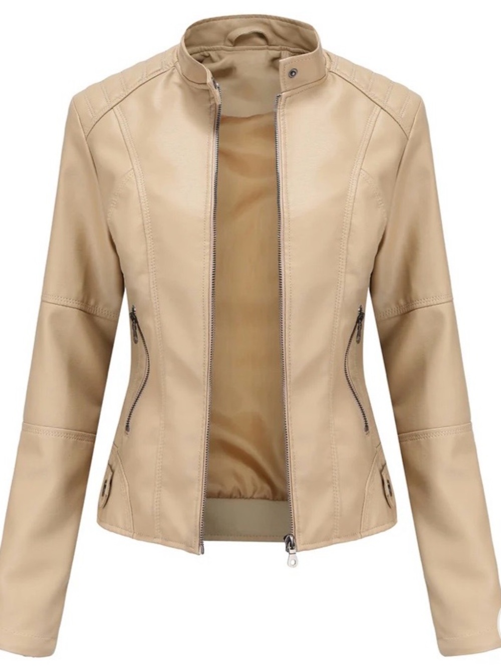 Biker Forward Women's Beige Faux Leather Zip-Front Moto Jacket